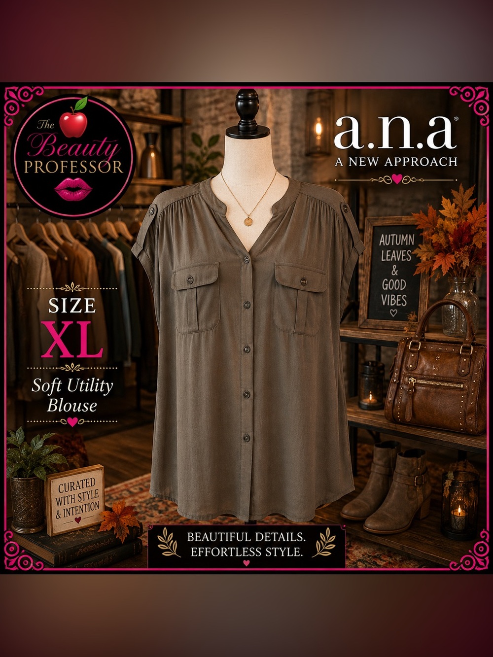 💞 a.n.a A New Approach XL Olive Utility Blouse Button Front Flowy Top